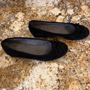 Stuart Weitzman, black suede flats with quilted detail and bow